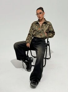 StreetHx Women Vintage Leaves Print Half Zipper Opening Drop Shoulder Long Sleeve Sweatshirt, Street Style Fit For Autumn/Winter Pullover Fall Sweatshirt