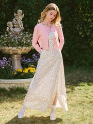 Sparklyn 2 peças/conjunto Casaco de Malha Floral com Vestido Regata para Adolescentes, Ajustado com Bainha Dividida, Conjuntos Femininos Casuais para Férias, Encontros e Festas