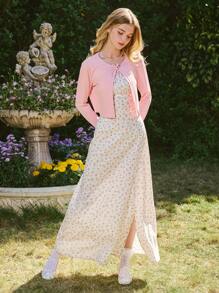 Sparklyn 2 件套青少年女孩开衫搭配花卉吊带背心裙，合身开衩下摆，休闲度假约会派对少女套装