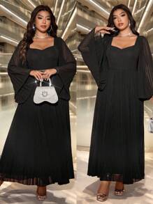 Allurite Plus Size Elegant Banquet Strapless Square Collar Flared Waist Slim Long Black Dress With Inner Lining, Pleated Pearl Chiffon Long Sleeve, For Spring/Autumn Maxi Women Outfit