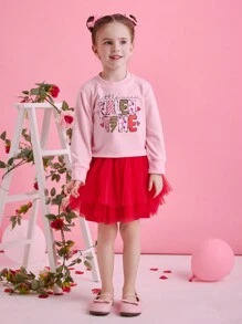 Glamorique Kids Girls Valentine's Day Pink Graphic Top Paired With Red Multi-Layer Tulle Dress