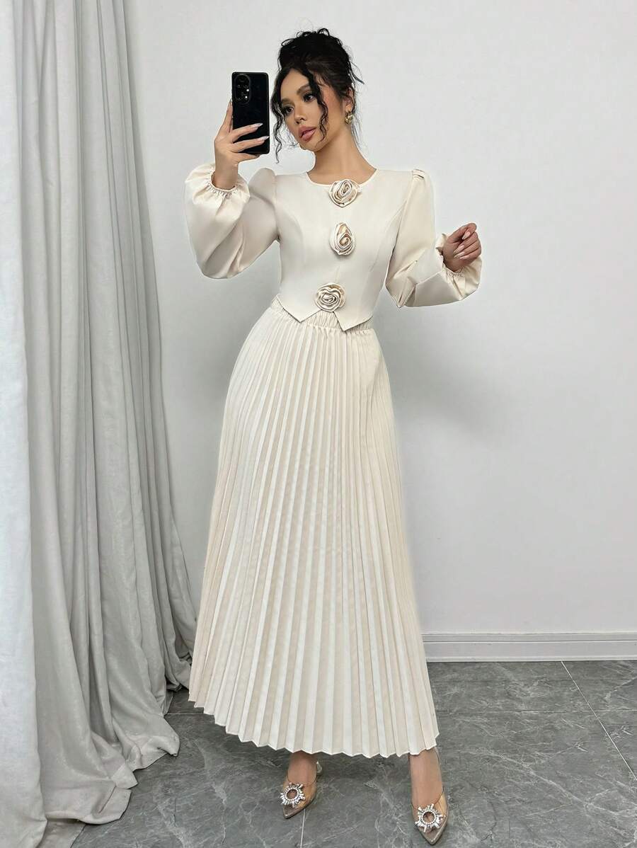 Chiquease 1 套女式 3D 花朵正面细节衬衫和百褶裙 - 杏色 - 查看 1