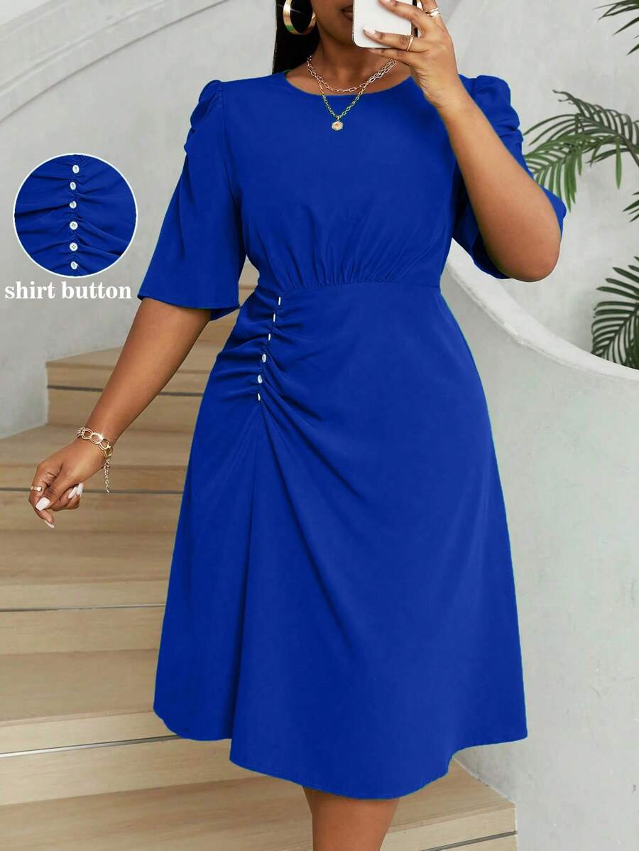 Maweii Gaun Kemeja Wanita Ukuran Besar Warna Hijau dengan Lengan Mengembang dan Detail Kancing - Biru - View 1