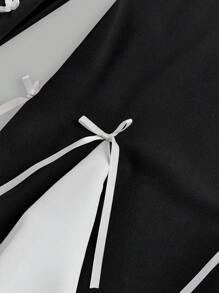 SHEIN Nova Glow Tween 女童蝴蝶结装饰圆领长袖拼色优雅黑白连衣裙，适合日常穿着、派对礼服，适合秋冬季 - 黑與白 - 查看 6