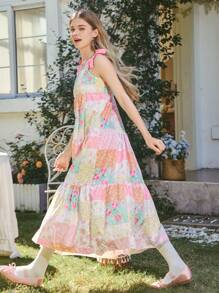 Teen Girl Casual  Ditsy Floral Bowknot Decor Cami  Dress For Vacation - Pink - View 3