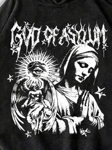 ROMWE MEN Street Life 男士复古水洗图案和字母印花连帽衫，街头风格