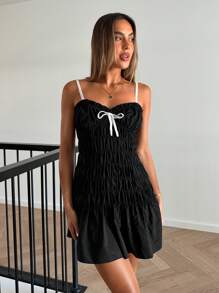SHEIN Essnce Women's Casual Bow Decor Suspender Mini Dress