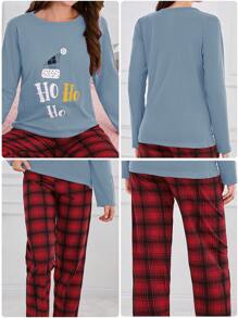 100% Cotton 2Pcs  Santa Claus Printed Long Sleeve Shirt And Plaid Printed Sleep Bottom Christmas PJ Set - Blue - View 7