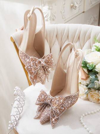 CUCCOO HITCHD Fashionable Elegant Women's Gold Sequined Bow Pointed Toe Stilettos, Suitable For Wedding, Bridesmaid, Banquet, Date, Party, Christmas, New Year, Valentine's Day, Comfortable Spring Shoes Spring Break Easter Prom Heels