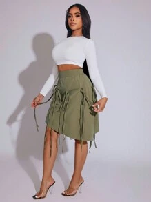 BamGleam Women Solid Color High Waist Front Tie Casual Asymmetrical Skirt