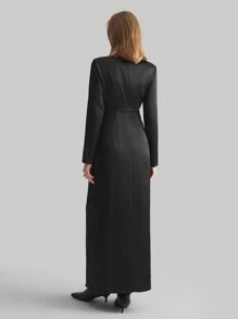 Ontre Women's Black New Year Spring Satin Solid Stand Collar Long Sleeve Pocket Casual Dress - Black - View 5