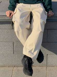 DAZY Pantalones casuales de carga de pierna recta y holgados con bolsillos para hombres - Albaricoque - Ver 4