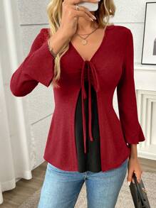 INAWLY Women Bell Sleeve T-Shirt With Front Drawstring, Casual Fashion For Autumn - Red - View 7