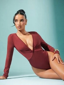 Hauture Winter Dameskleding, Elegante Roest Diepe Duik Twist Lange Mouw Casual Party Bodysuit, Dames Tops, Lange Mouw Top, Uitgaan Tops. Voor Date Night, Concerten, Optredens, Feesten, Clubs, Avond