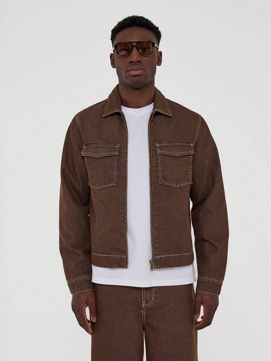 Musero Pocket Detail Contrast Stitch Trucker Jacket - Khaki - View 1