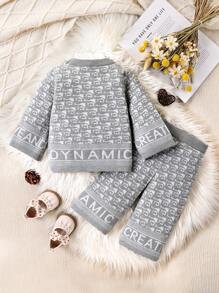 Baby Girls 2pcs Set Grey Co-Ord Outfit,Checkerboard Knitted Crew Neck Sweater & Wide Leg Pants,Casual Autumn Back-To-School Fashionable Knitwear Set - Multicolor - View 2