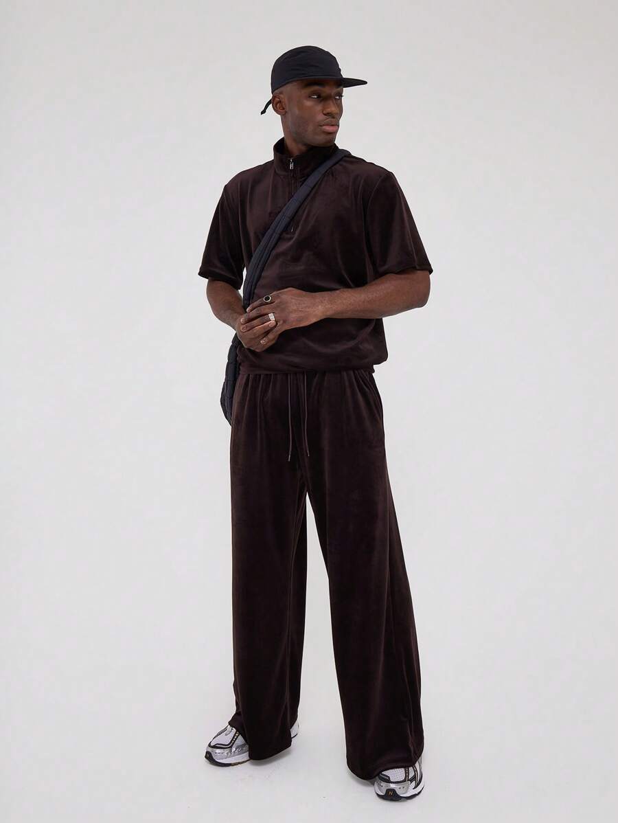Musero Men Wide Leg Velour Suede Elasticated Drawstring Waist Jogger Tracksuit Sweatpants Only Autumn Winter - Coffee Brown - View 1