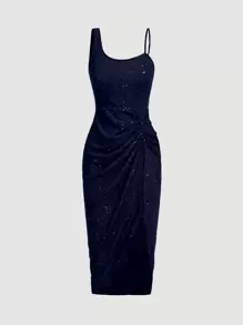 Zolique Vestido negro ajustado para mujer con diseño asimétrico, espalda descubierta, plisado y detalles de lentejuelas - Azul Marino - Ver 4