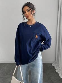 INAWLY Women's Long Sleeve Pocket Letter Embroidery Casual Sweatshirt Pullover Fall - Navy Blue - View 6