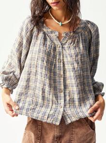 Bohemela 休闲编织格子 V 领宽松 3/4 袖女式衬衫 - 藍色 - 查看 4