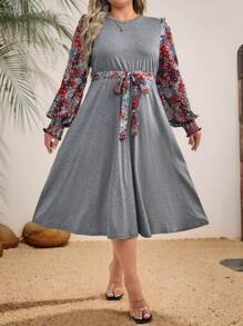 SHEIN LUNE Plus Size Crew Neck Floral Patchwork Casual Dress