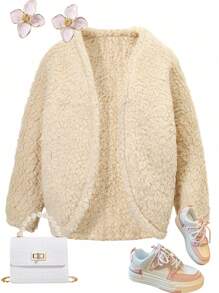 Tween Girl Apricot Ribbed O-Neck Casual Home Wear Jacket, Autumn - Apricot - View 1