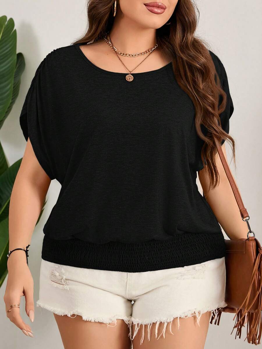 SHEIN LUNE Kaos Paskah Warna-warni Ukuran Besar, Kaos Kasual Longgar Leher Bulat dengan Tali Serut di Bagian Bawah, Pakaian Kasual Liburan - Hitam - View 1