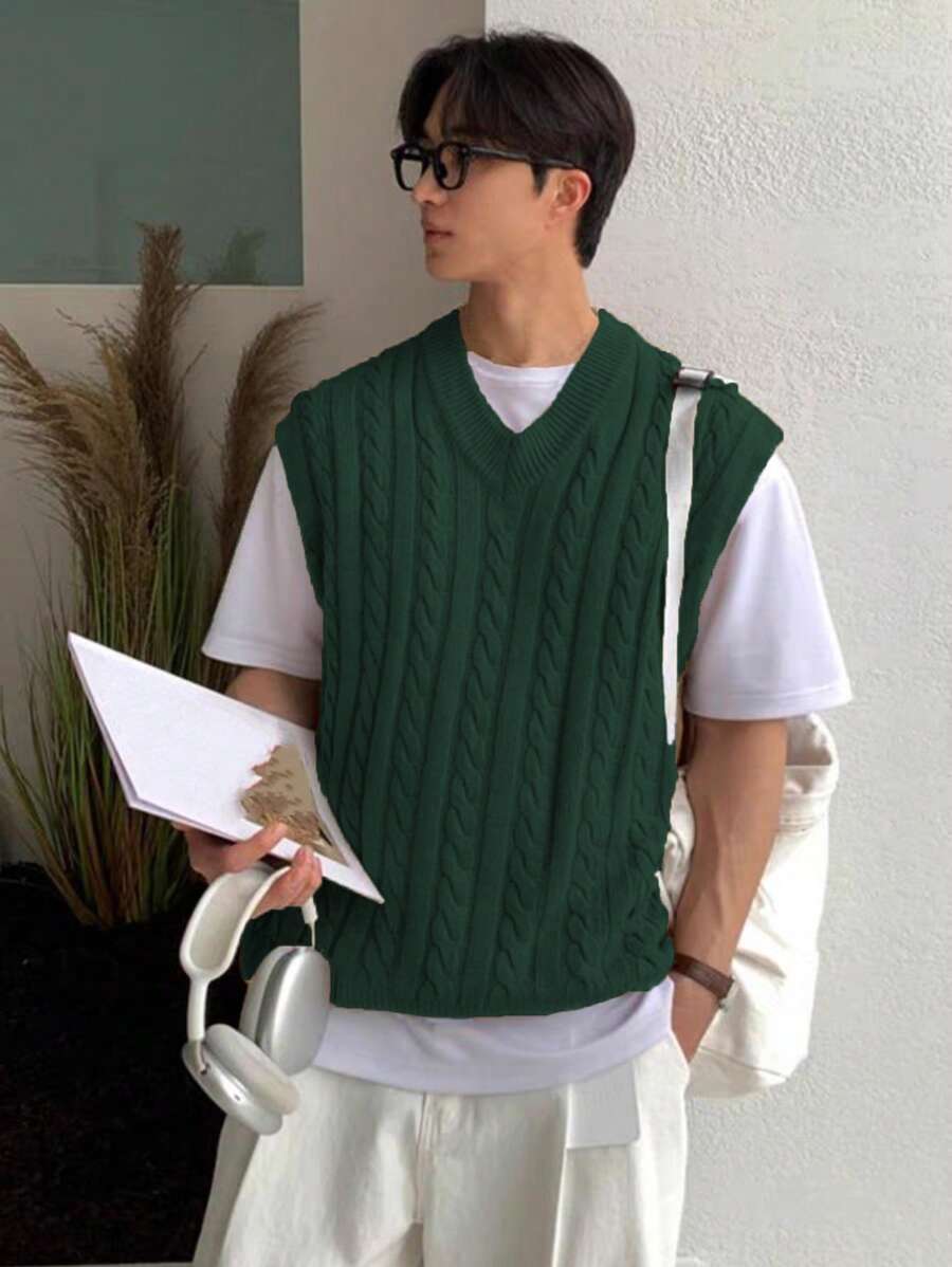 Claim Dot Men's Solid Color V-Neck Sleeveless Minimalist Knit Vest, Casual Daily Wear, Fall/Winter - Dark Green - View 1