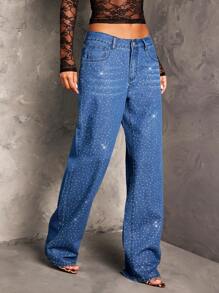 SHEIN BAE Quần Jeans Ống Thẳng Gợi Cảm Cho Nữ, Quần Lấp Lánh Cho Nữ, Quần Jeans Rộng Cho Nữ, Quần Jean Dự Tiệc Cho Nữ, Quần Dự Tiệc Giáng Sinh Cho Nữ, Quần Sequin, Quần Jeans Dự Tiệc Cho Nữ, Quần Dự Tiệc Giáng Sinh - Rửa tối - Xem 1