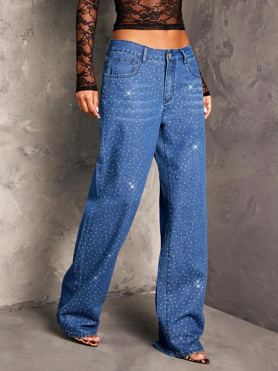 SHEIN BAE Quần Jeans Ống Thẳng Gợi Cảm Cho Nữ, Quần Lấp Lánh Cho Nữ, Quần Jeans Rộng Cho Nữ, Quần Jean Dự Tiệc Cho Nữ, Quần Dự Tiệc Giáng Sinh Cho Nữ, Quần Sequin, Quần Jeans Dự Tiệc Cho Nữ, Quần Dự Tiệc Giáng Sinh - Rửa tối - Xem 1