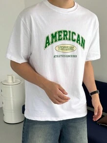 Camiseta básica de manga corta y cuello redondo con estampado de letras para hombre - Blanco - Ver 4