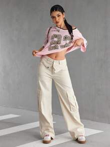 SHEIN EZwear 女士休闲纯色阔腿工装牛仔裤 - 杏色 - 查看 4