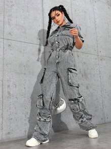 SHEIN EZwear 女士短袖单排扣休闲工装牛仔连体裤 - 灰色 - 查看 4