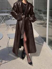 DAZY Women Long Solid Color Leather Jacket Regular Fit Coat,Fall Women Clothes - Brown - View 3