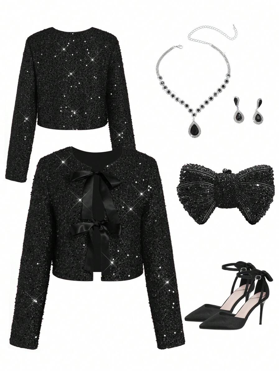 Ellevyn Two-Way Wear Sequin Jacket, Elegant For Christmas Party In Autumn/Winter - Black - View 1