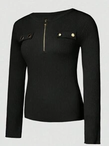 INAWLY Plus Size Women's Solid Color Half-Zip Up Long Sleeve Casual T-Shirt