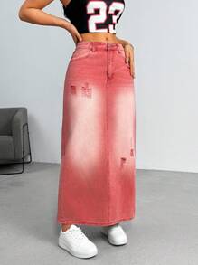 SHEIN EZwear Women Simple Front Button Pocket Denim Mini Skirt, Casual And Everyday Wear - Burgundy - View 3