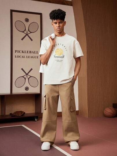 SHEIN Explorewe 青少年男孩休闲卡其色阔腿裤，时尚百搭工装裤，适合日常穿着和休闲