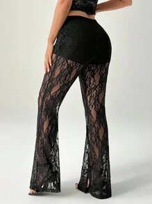 SHEIN PETITE Women's High Waist Flare Lace Knit Vacation Pants - Black - View 2