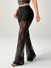 SHEIN PETITE Women's High Waist Flare Lace Knit Vacation Pants - Black - View 3