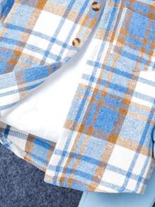 SHEIN 2 件套年轻男孩休闲格子拼布连帽夹克和运动裤套装，适合秋冬季 - 藍色 - 查看 8