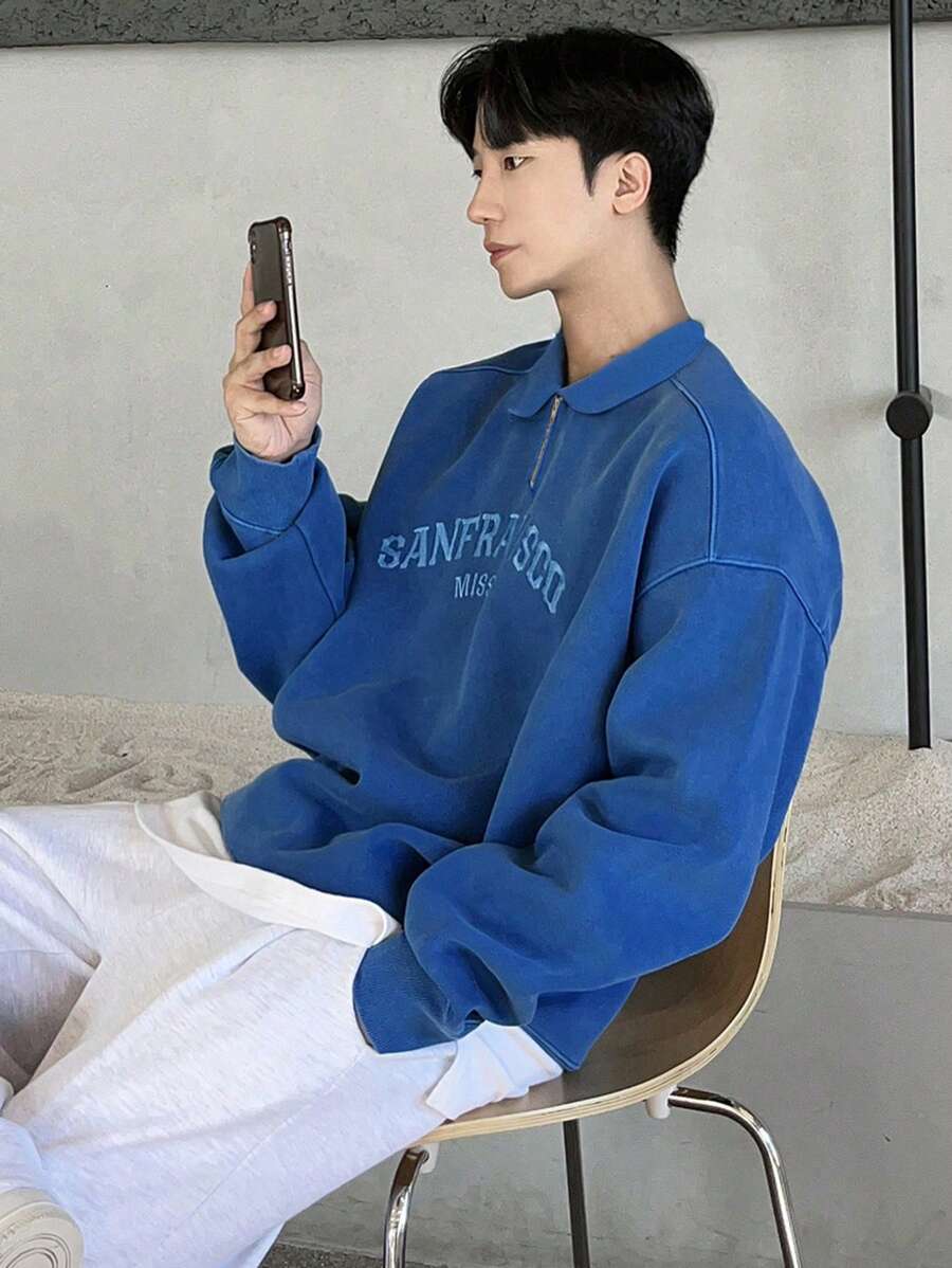 DAZY Men's Autumn Letter Embroidery Pullover Sweatshirt - Blue - View 1