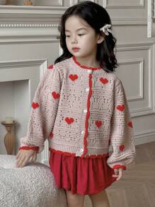 DAZY Young Girl Heart Graphic Crew Neck Long Sleeve Single Breasted Casual Cardigan, Autumn/Winter