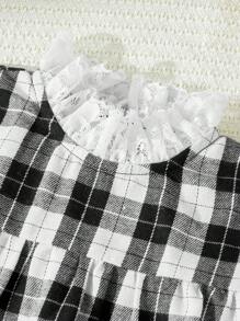 Blossori Young Girls Elegant French Style Plaid Patchwork Ruffle Trim Loose Long Sleeve Dress, Autumn/Winter - Black and White - View 6