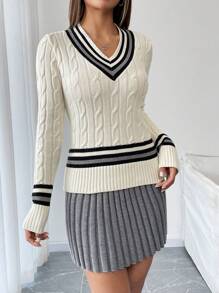 SHEIN Unity Women's V-Neck Contrast Color Pleated Skirt And Elegant Two-Piece Sweater Set, Collegiate Style, Autumn/Winter - Apricot - View 5