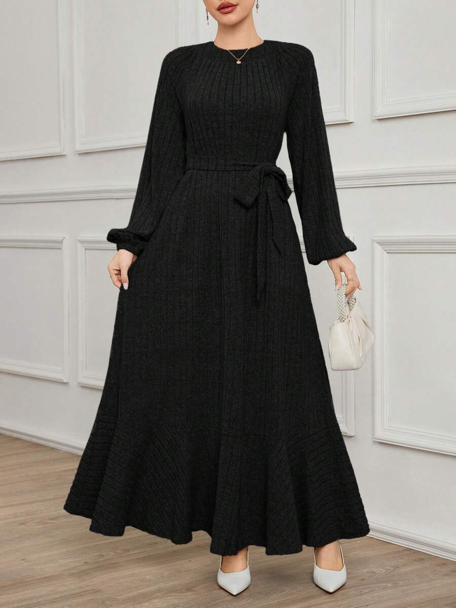 Mulvari Women Modest Long Knitted Sweater Dress, Round Neck Pullover For Everyday Wear, Autumn/Winter - Black - View 1