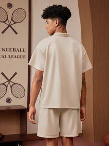 SHEIN Explorewe 2pcs/Set Teen Boy College Casual Style Short Sleeve Polo Shirt With Elegant Pattern & Drawstring Waist Shorts Set, Spring/Summer New Prep - Khaki - View 2