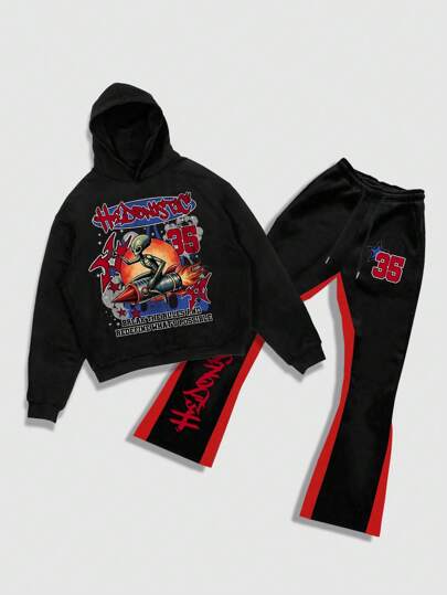 Street Life Men's Printed Long Sleeve Hoodie Sweatshirt & Pants Set, Minimalist Design