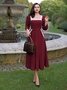 Vintamour Vintage Women's Contrast Color Block Square Neck Long Sleeve Dress, Simple & Minimalist Christmas Valentine's Day Dresses For Women Elegant Valentine's Day Valentines Clothes Business Casual Woman Church Clothes Women Red Dresses Classy Elegant