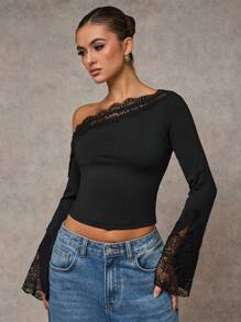 SHEIN BAE Women's Black Solid Color Lace Splice Asymmetric Neck Flared Sleeve Fitted Elegant T-Shirt, Winter Women Clothes, New Year's Top, Suitable For Dates, Holiday Parties, Fashionable Outings, Night Events, Club Wear